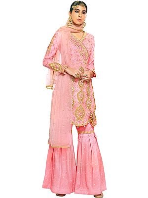 English-Rose Sharara Kameez Suit With Heavy-Embroidery and Embellished Crystals