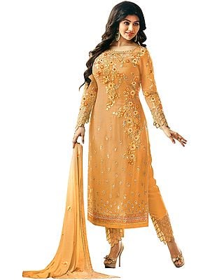 Golden-Nugget Ayesha Trouser Salwar Kameez Suit with Zari-Embroidered Flowers and Embellished Crystals