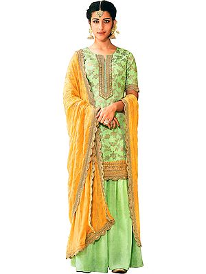 Pastel-Green Flared-Palazzo Salwar Kameez Suit with Zari-Woven Florals and Motifs