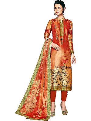 Burnt-Ochre Digital-Printed Trouser Salwar Suit with Aari-Embroidery