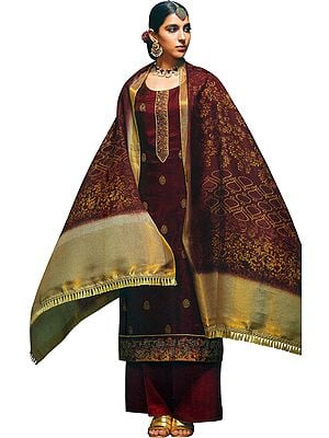 Tandori-Spice Long Palazzo Salwar Kameez Suit with Zari-Embroidery