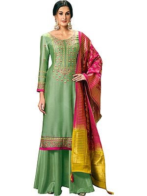 Basil Flared Palazzo Salwaar Kameez Suit with Floral Embroidery and Brocaded Dupatta