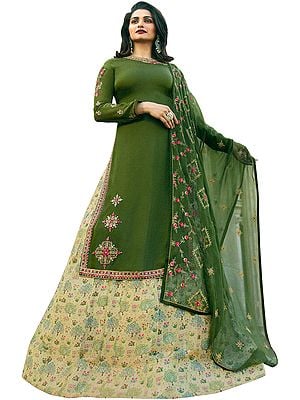 Chive-Green Prachi Kameez with Long Floral Printed Skirt and Crystals Studded Chiffon Dupatta
