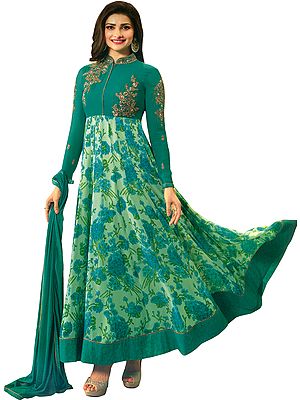Viridian-Green Prachi Floral Printed Anarkali Suit with Zari-Embroidery and Embellished Crystals