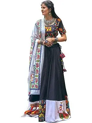 White and Black Lehenga Choli from Gujarat with Embroidered Elephants and  Printed Village Folks
