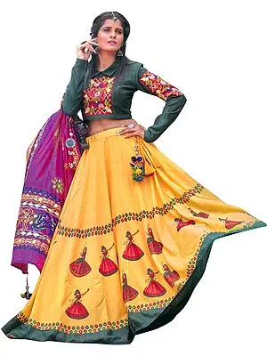 Green and Yellow Lehenga  and Embroidered Choli from Gujarat with Printed Dancing Village Girls