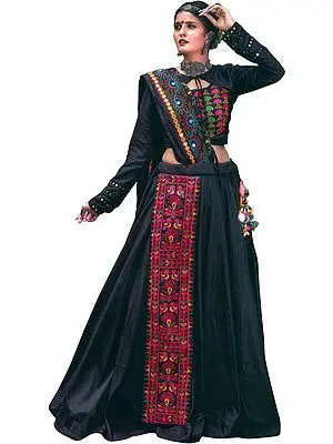 Pirate-Black Lehenga Choli from Gujarat with Embroidered Long Patch in Multicolor Thread and Mirrors