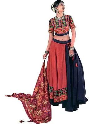 Insignia Blue and  Dubarry Lehenga Choli from Gujarat with Multicolor Embroidery and Mirrors
