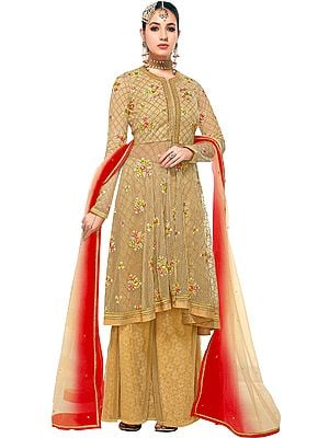 Frosted-Almond Flared-Palazzo Salwar Kameez Suit with Embroidered Flowers and Crystals