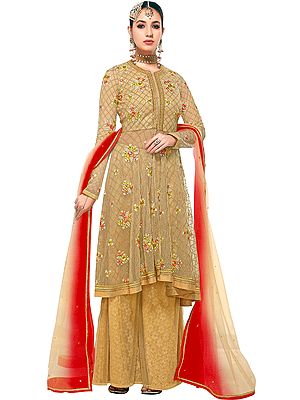 Frosted-Almond Flared-Palazzo Salwar Kameez Suit with Embroidered Flowers and Crystals