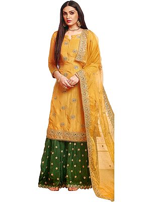 Misted-Yellow Palazzo Salwar Kameez Suit with Embroidery and Pearl Studded Dupatta