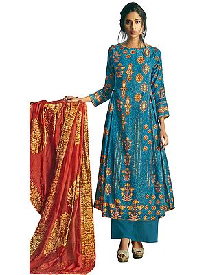 Blue-Moon Long Palazzo Warm Salwar Suit with Printed Multicolor Motifs and Crystals