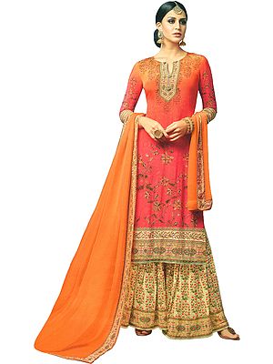 Cayenne Flared Palazzo Salwaar Kameez Suit with Printed Flowers and Pearls