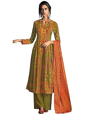 Bronze-Mist Long Palazzo Warm Salwar Suit with Printed Multicolor Motifs and Crystals