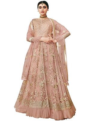 Rose-Cloud Long Lehenga Choli Suit with Crystals Studded Crop-Top and Net Dupatta
