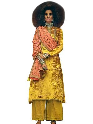 Honey-Yellow Long Palazzo Salwar-Kameez Suit with Zari-Embroidery and Peach Dupatta