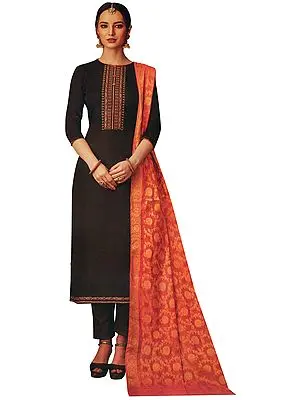 Chest-Nut Long Trouser Salwar-Kameez Suit with Embroidery on Neck and Banarasi Dupatta