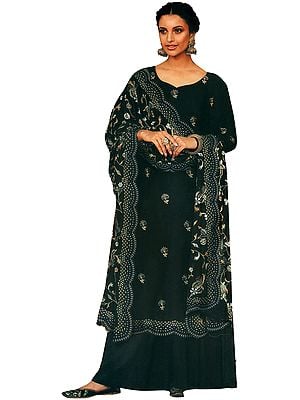 Jet-Black Palazo Salwar- Kameez Suit with Embroidered Flowers  and Heavy Dupatta