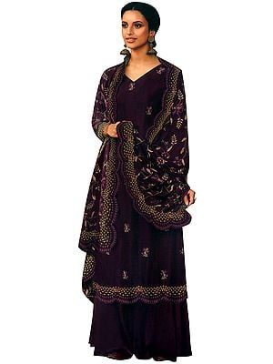 Long Zari Embroidered Kameez with Lehenga and Heavy Floral Zari  Embroidered Dupatta