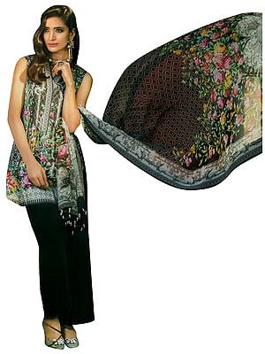 Jet-Black Kameez Suit with Embroidered lace and Floral Print and Printed Dupatta