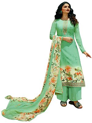 Ice-Green Palazzo Salwar- Printed and floral embroidery Kameez Suit with Floral Printed Dupatta