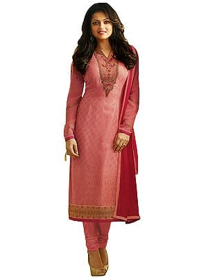 Peach Blossom-Pink Salwar Kameez Suit Self Design Kameez with Zari Embroidery on Neck and Embroidered Dupatta