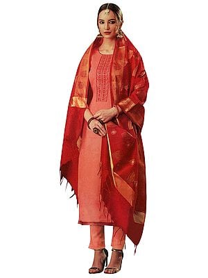 Dusty-Orange Salwar Kameez Suit- Kameez with Zari embroidery on neck and Zari Woven Dupatta