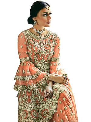 Long Zari Embroidered Kameez with Lehenga and Heavy Floral Zari  Embroidered Dupatta