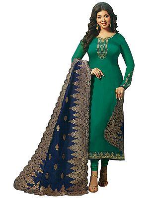 Deep-Green Long Choodidaar Salwar Kameez Suit with Zari-Embroidery and Blue Banarasi Dupatta