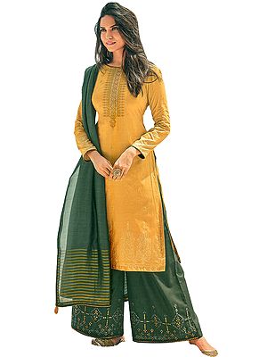 Golden Apricot-Yellow Palazzo Salwar Kameez Suit -Embroidered Kameez and Green Palazzo with Woven Dupatta