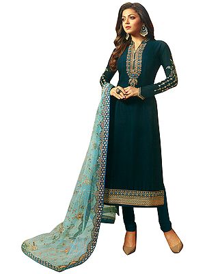 Magical Forest-Blue Choodidaar Salwar-Kameez Suit with Floral Zari-Embroidery and Green Chiffon Dupatta