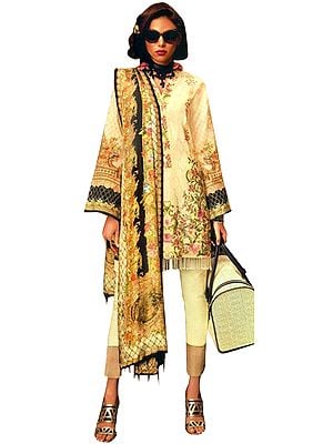 Double Cream-Yellow Digital-Printed Trouser Salwar Kameez Suit with Aari-Embroidery Flowers on Dupatta