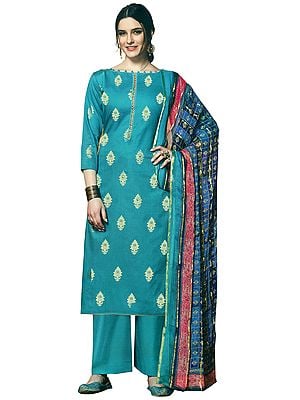 Bluebird Salwar Kameez Suit - Boat-Neck Kameez with Golden Motives, Sequins and Mirror Work  along with Palazzo and Woven Dupatta