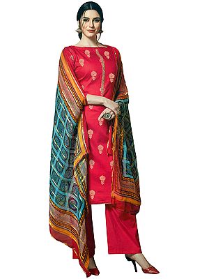 Raspberry-Pink Salwar Kameez Suit with Embroidered Boat-Neck Kameez and Palazzo with Woven Dupatta