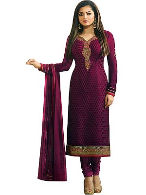 Baton Rouge-Purple Salwar Kameez Suit with Embroidered Boat-Neck Kameez and Palazzo with Woven Dupatta