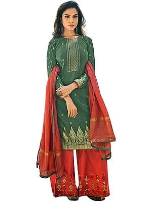 Dark Forest-Green Palazzo Salwar Kameez Suit -Embroidered Kameez with Red Palazzo and Woven Dupatta