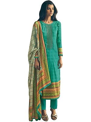 Long Trouser and Kameez Suit with Floral Embroidery and Printed Dupatta
