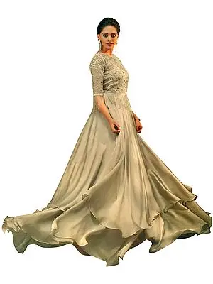 Almond-Peach Floor-Length A-Line Gown with Zari-Embroidered Border and Hanging Long Glass Beads