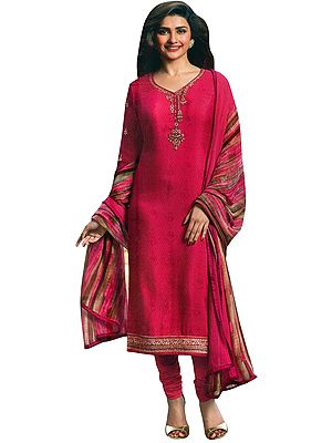 Raspberry-Pink Choodidaar Salwar Kameez Suit with Floral Zari-Embroidery