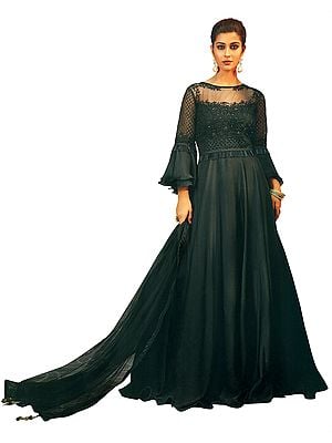 Jet-Black Long Gown Suit with Embroidered Flowers,  Sequins and Beadwork
