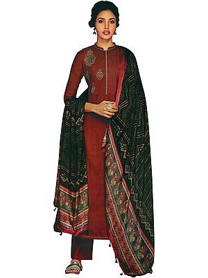 Crimson-Red Palazzo Salwar Kameez Suit with Self Design and Zari Embroidery