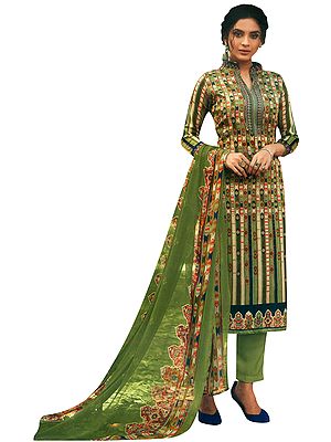 Sage-Green Salwar Kameez Suit with Long Trousers  and Printed Dupatta