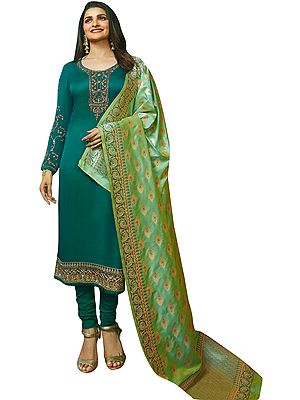 Peacock-Green Long Choodidaar Salwar Kameez Suit with Zari-Embroidery, Crystals and Woven Dupatta