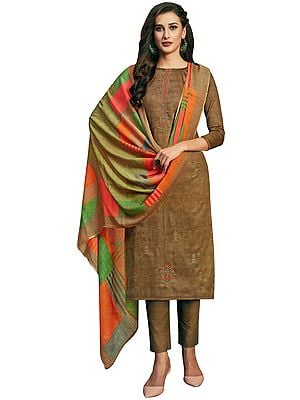Cinnamon-Brown Long Trouser Salwar-Kameez Suit with Embroidery and Multicolor Printed Dupatta
