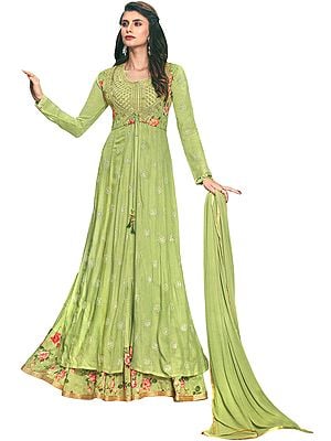 Beechnut-Green Flared Printed Gown with Heavy Zari and Beads Embroidered Kameez and Dupatta