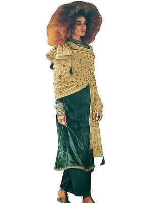 Jasper-Green Long Palazzo Kameez Suit with Zari-Embroidery and Floral Dupatta