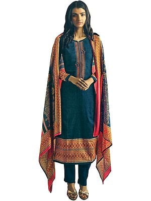 Midnight-Blue Long Trouser and Kameez Suit with Multicolored Embroidery and Digital Printed Dupatta