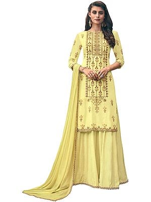 Pear-Sorbet Flared Palazzo (Sharara) Salwar Kameez Suit with Heavy Zari and Beaded Embroidery