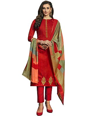 Salsa-Red Long Trouser Salwar-Kameez Suit with Embroidery and Multicolor Printed Dupatta