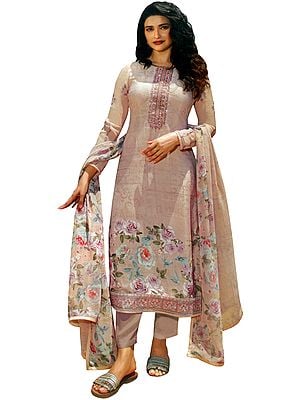 Mauve-Chalk Floral Printed Salwar-Kameez Suit with Embroidery on Neck and Chiffon Floral printed Dupatta